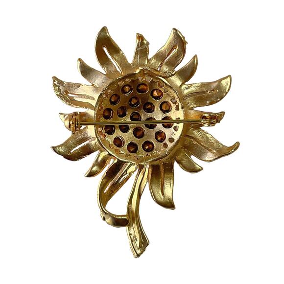 1980s Textured Gold Plate White Rhinestone Blooming Sunflower Floral Brooch Pin - Picture 2 of 3